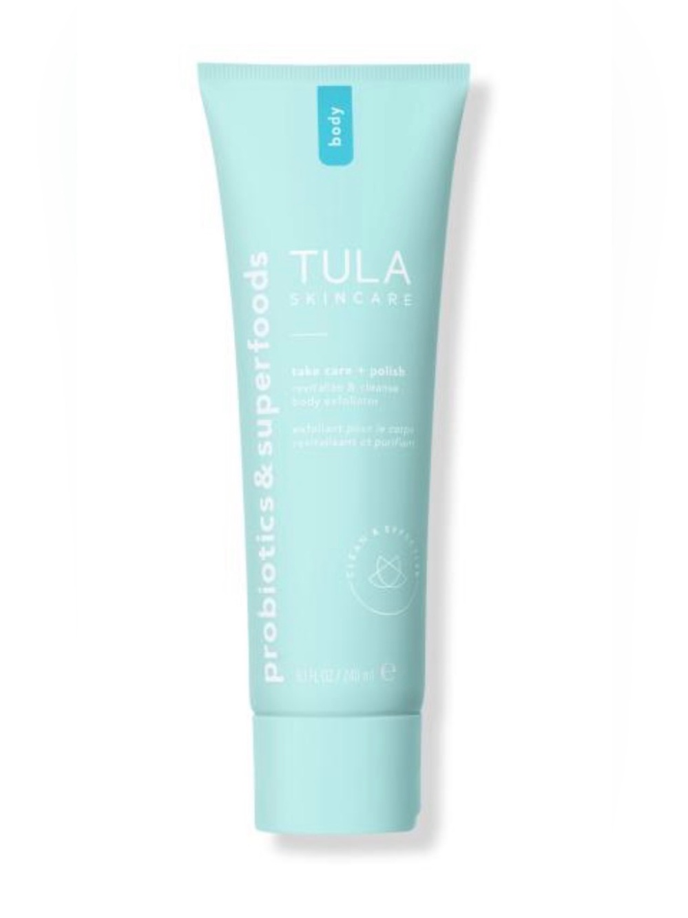 TULA Skincare light blue Take Care + Polish Body Exfoliator
